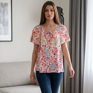 Vintage 70s The Fire Islander Woman Floral Multicolor Short Sleeve Blouse Top XL